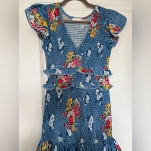 LoveShackFancy Blue Dress with Floral Accents